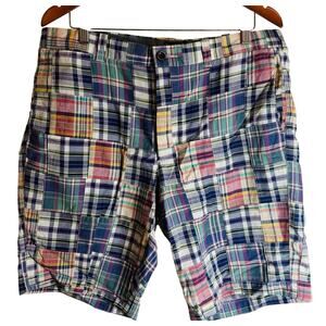 J.Crew Patchwork Madras Plaid Shorts Mens 36 Cotton Preppy Summer Casual EUC